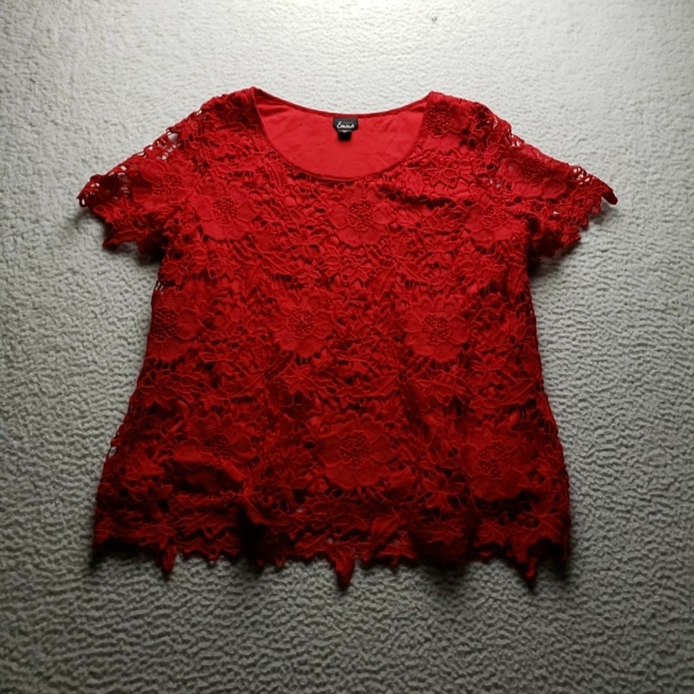 Simply Emma Blouse Womens Plus 2X Red Scoop Neck Short Sleeve Lace Lined Top